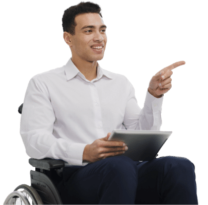 Young businessman in a wheelchair looking at a tablet