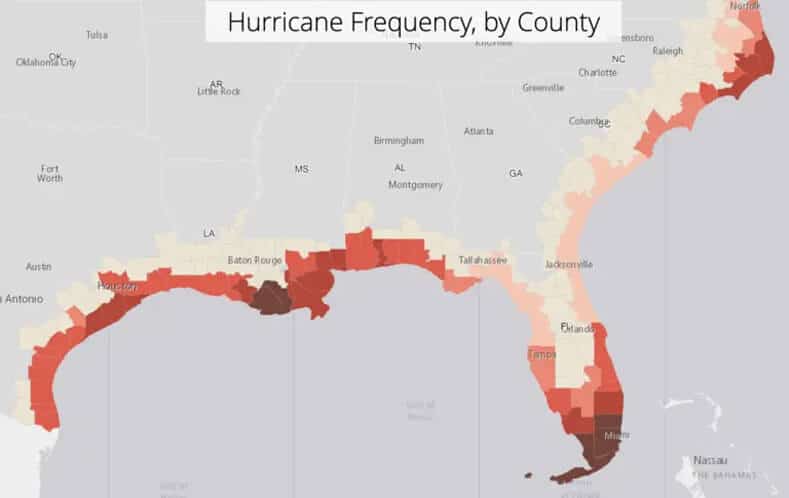 Gulf Coast and Atlantic Hurricane frequency map