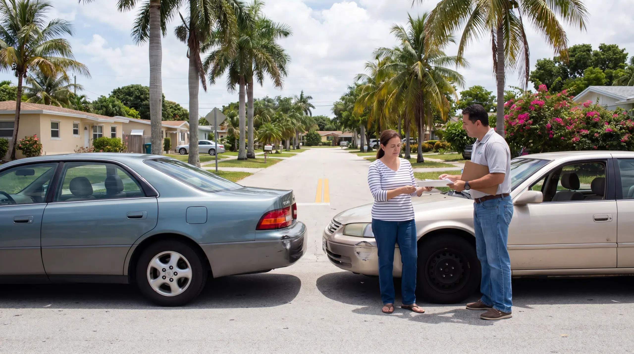 Two people exchanging information at the scene of a rear-end car accident on a residential street